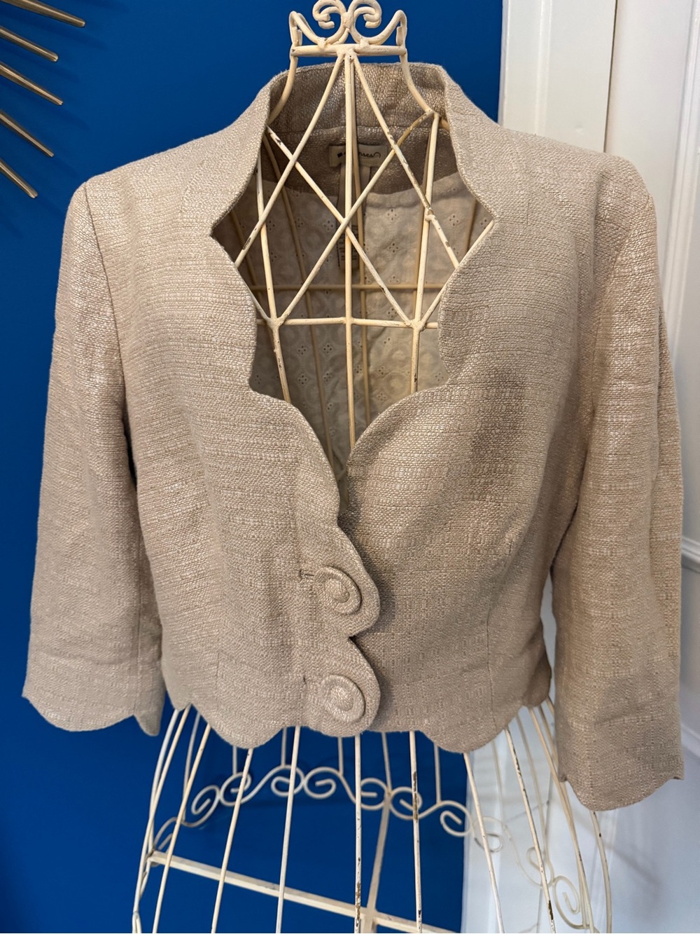Vintage Elevenses Cropped Scalloped-Edge Blazer in Light Beige with a Sheen.